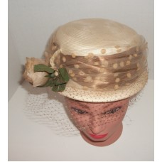 Vtg Livingston Bros Beige Straw Woman&apos;s Dress Hat With Netting Flower Veil    eb-53980071